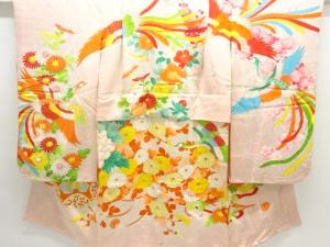 アンティーク　尾長鳥に草花模様刺繍一つ紋着物(内袖付き)